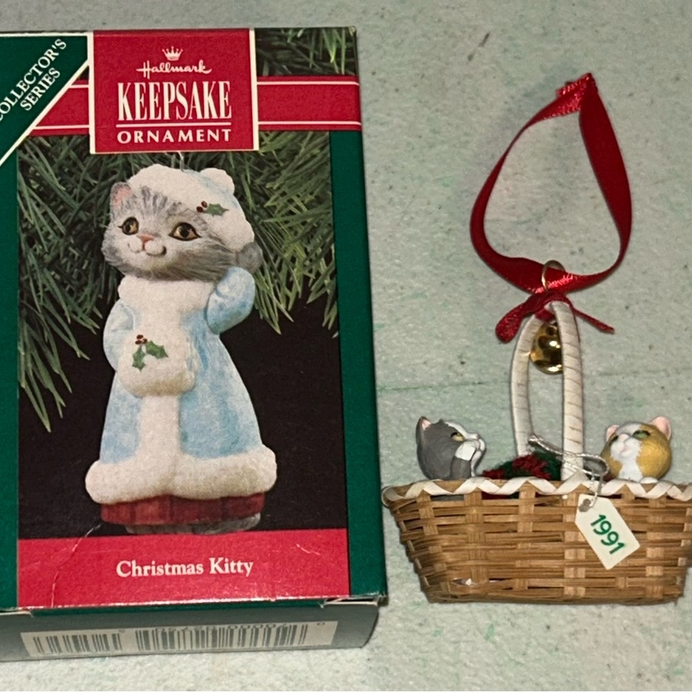 2 Hallmark Keepsake Ornaments 1991 Basket Bell Players & 1990 Christmas Kitty